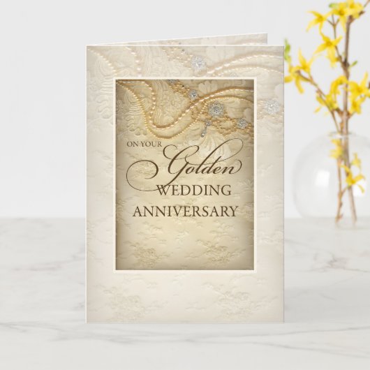 Golden 50th Wedding Jubileum, parels en kant Kaart (Gele Bloem)