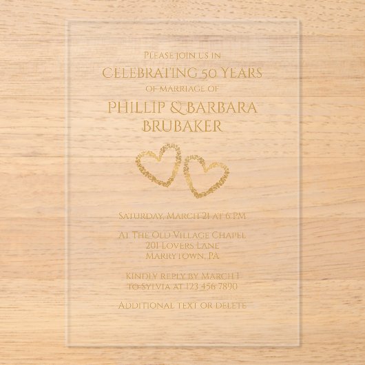 Golden 50th Wedding Jubileum Party Heart Custom Acryl Uitnodigingen (Voorkant)