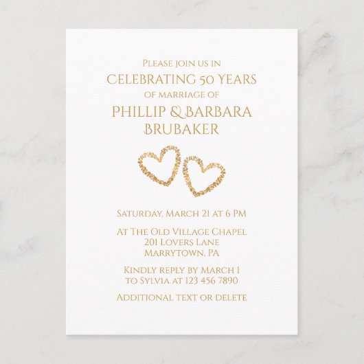 Golden 50th Wedding Jubileum Party Heart Custom Uitnodiging Briefkaart (Voorkant)