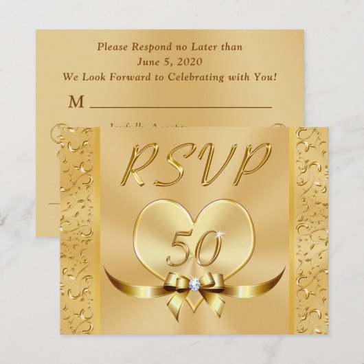 Golden 50th Wedding Jubileum RSVP met Menu Kaart (Voorkant / Achterkant)