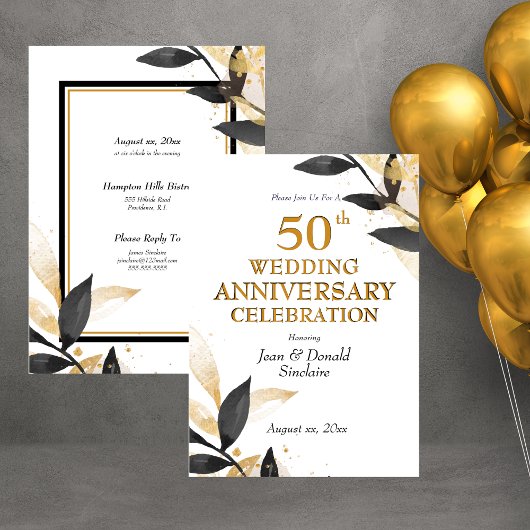Golden 50th Wedding Jubileum, zwart en goud in Kaart