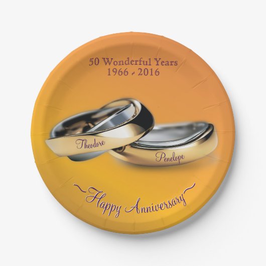Golden 50th Wedding Rings Jubileum Wegwerpbaar Papieren Bordje (Voorkant)