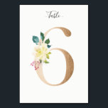 Golden 6 Floral Tafelnummer Kaart<br><div class="desc">Gouden nummer met zachte pastel bloemenversiering tafel nummerkaart. Personaliseer de stijl,  de grootte en de kleur van het tekstlettertype.</div>