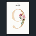 Golden 9 Bloemen Tafelnummer Kaart<br><div class="desc">Gouden nummer met zachte pastel bloemenversiering tafel nummerkaart. Personaliseer de stijl,  de grootte en de kleur van het tekstlettertype.</div>