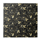 Golden Abstracte Floral op zwarte achtergrond Tegeltje (Voorkant)