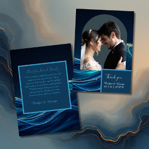 Golden Accented Abstract Ocean Waves bruiloft Bedankkaart