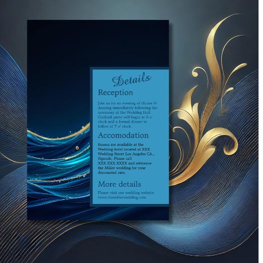 Golden Accented Abstract Ocean Waves bruiloft Informatiekaartje