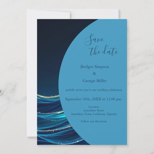 Golden Accented Abstract Ocean Waves bruiloft Kaart (Voorkant)