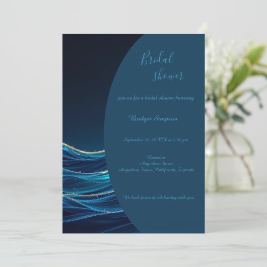 Golden Accented Abstract Ocean Waves bruiloft Kaart (Staand voorkant)