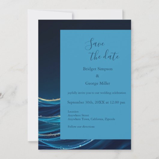 Golden Accented Abstract Ocean Waves bruiloft Kaart (Voorkant)