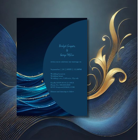 Golden Accented Abstract Ocean Waves bruiloft Kaart