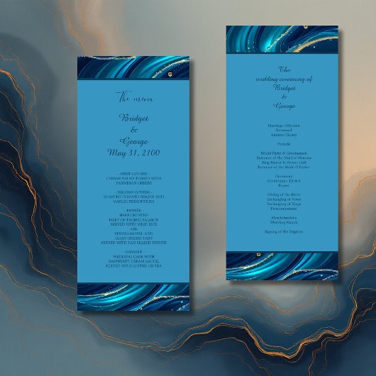 Golden Accented Abstract Ocean Waves bruiloft Programmakaart