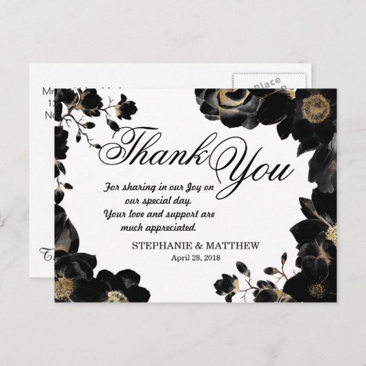 Golden Accented Black Floral Dank u Briefkaarten (Voorkant / Achterkant)