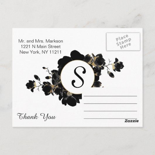 Golden Accented Black Floral Dank u Briefkaarten (Achterkant)