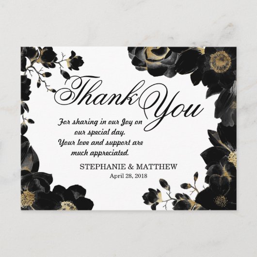 Golden Accented Black Floral Dank u Briefkaarten (Voorkant)