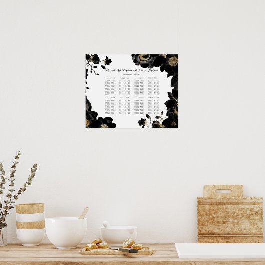 Golden Accented Black Floral Seating Chart Poster (Keuken)