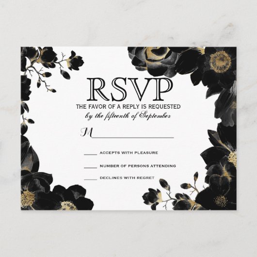 Golden Accented Zwart Bloemen RSVP Briefkaarten (Voorkant)