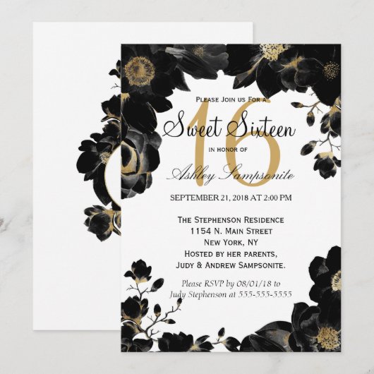 Golden Accented Zwart Bloemen Sweet 16 Uitnodiging (Voorkant / Achterkant)