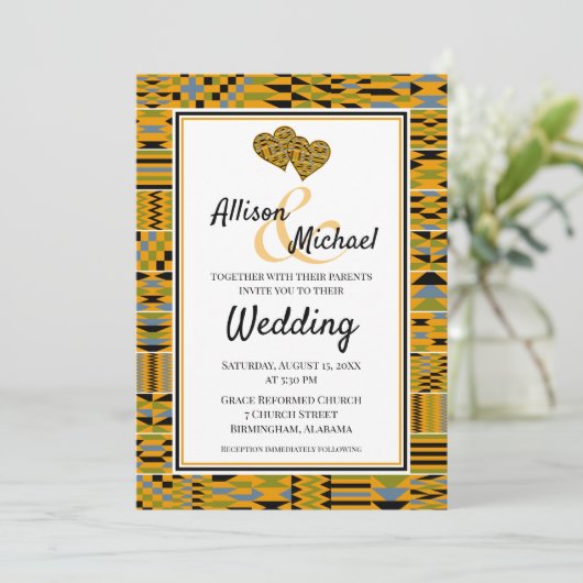 Golden African Kente K46 Wedding Invitation Kaart (Staand voorkant)