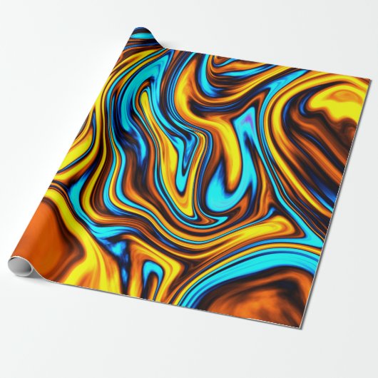 Golden Amber en Blue Abstract Lava Flow Cadeaupapier (Uitgerold)