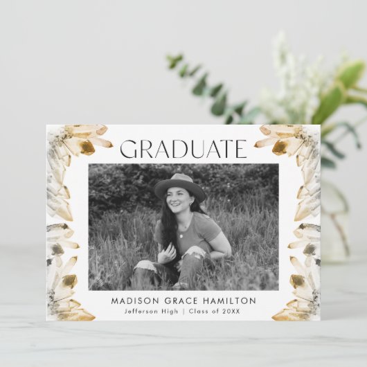 Golden Amber Waterverf Crystals Foto Afstuderen Aankondiging (Staand voorkant)