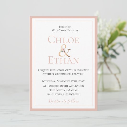 Golden Ampersand Blush Wedding Kaart (Staand voorkant)