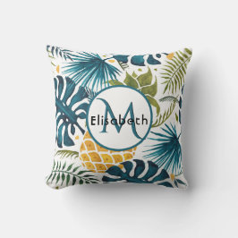 Golden anananappel blauw palmblad monogram kussen