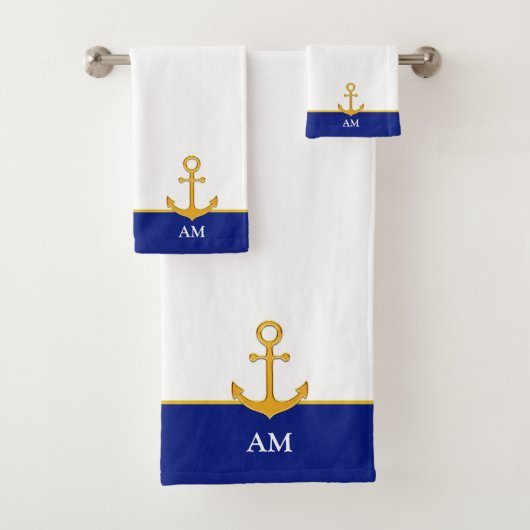 Golden Anchor & Monogram op blauw en wit Bad Handdoek (Insitu)