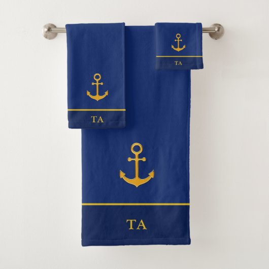 Golden Anchor & Monogram op Navy Blue Bad Handdoek (Insitu)