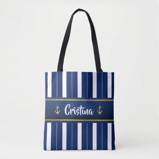 Golden Anchor op Blue Stripes Nautical (2 zijkante Tote Bag (Voorkant)