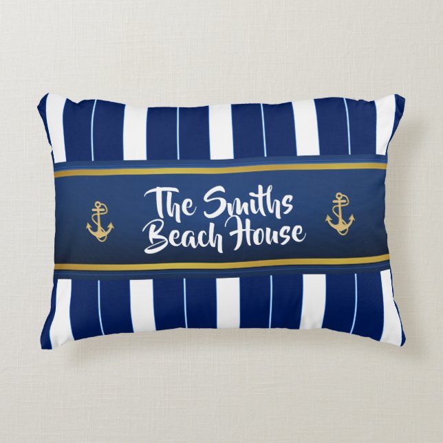 Golden Anchor op Blue Stripes Nautical Accent Kussen (Voorkant)
