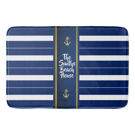 Golden Anchor op Blue Stripes Nautical Badmat (Voorkant)