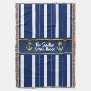 Golden Anchor op Blue Stripes Nautical Deken