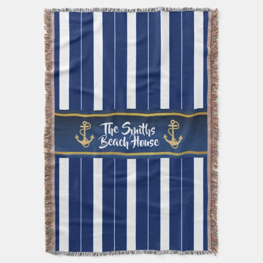 Golden Anchor op Blue Stripes Nautical Deken (Voorkant Verticaal)