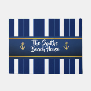 Golden Anchor op Blue Stripes Nautical Deurmat