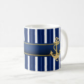 Golden Anchor op Blue Stripes Nautical Koffiemok (Voorkant rechts)