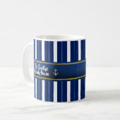 Golden Anchor op Blue Stripes Nautical Koffiemok (Voorkant links)