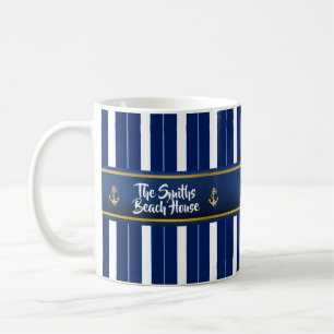 Golden Anchor op Blue Stripes Nautical Koffiemok