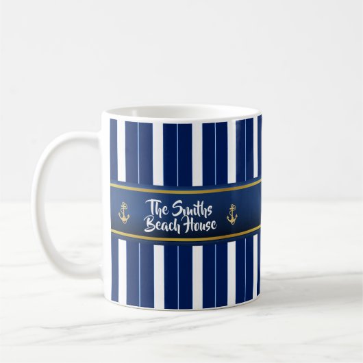 Golden Anchor op Blue Stripes Nautical Koffiemok (Links)