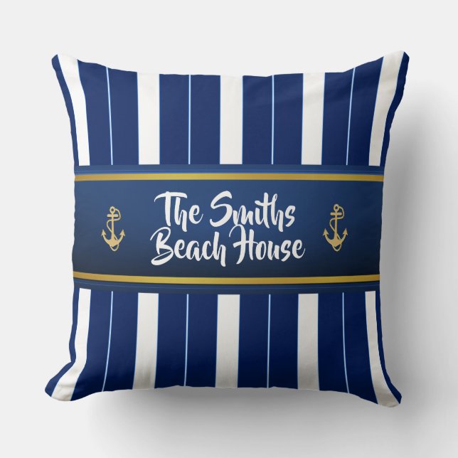 Golden Anchor op Blue Stripes Nautical Kussen (Voorkant)