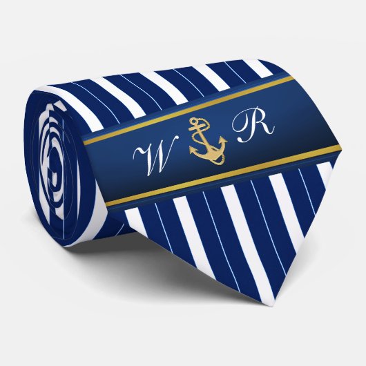 Golden Anchor op Blue Stripes Nautical Stropdas (Opgerold)