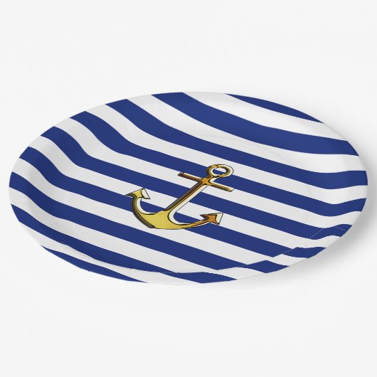 Golden Anchor op Nautical Navy Blue Stripes Print Papieren Bordje (Gekanteld)