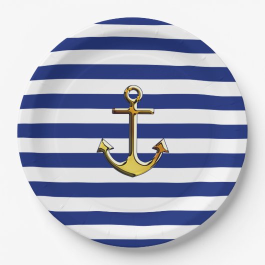 Golden Anchor op Nautical Navy Blue Stripes Print Papieren Bordje (Voorkant)