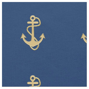 Golden Anchor op Navy Blue Nautical Fabric Stof
