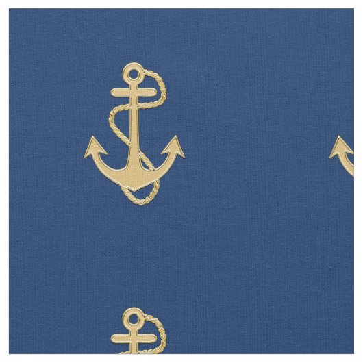 Golden Anchor op Navy Blue Nautical Fabric Stof (Close Up)
