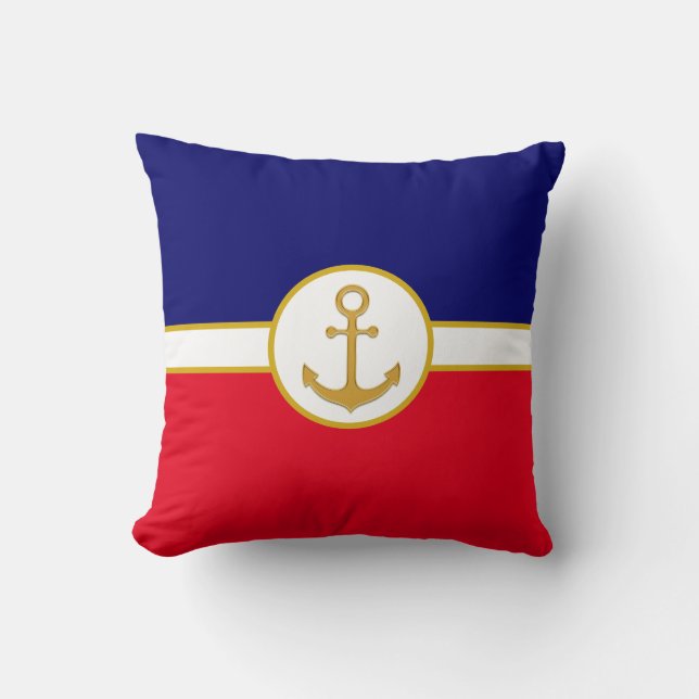 Golden Anchor op Navy Blue, Red & White Kussen (Voorkant)