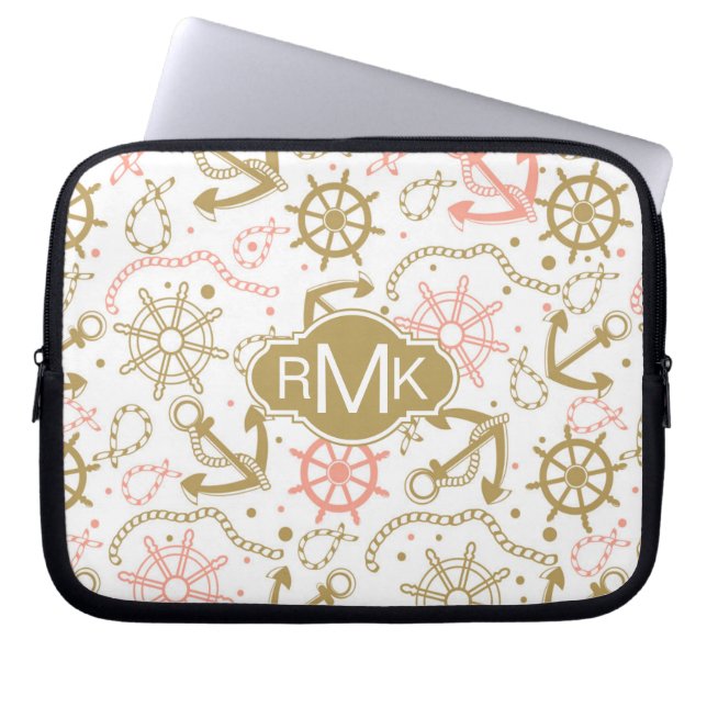 Golden Anchor Pattern | Monogram Laptop Sleeve (Voorkant)