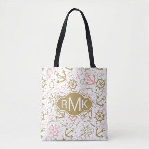 Golden Anchor Pattern   Monogram Tote Bag