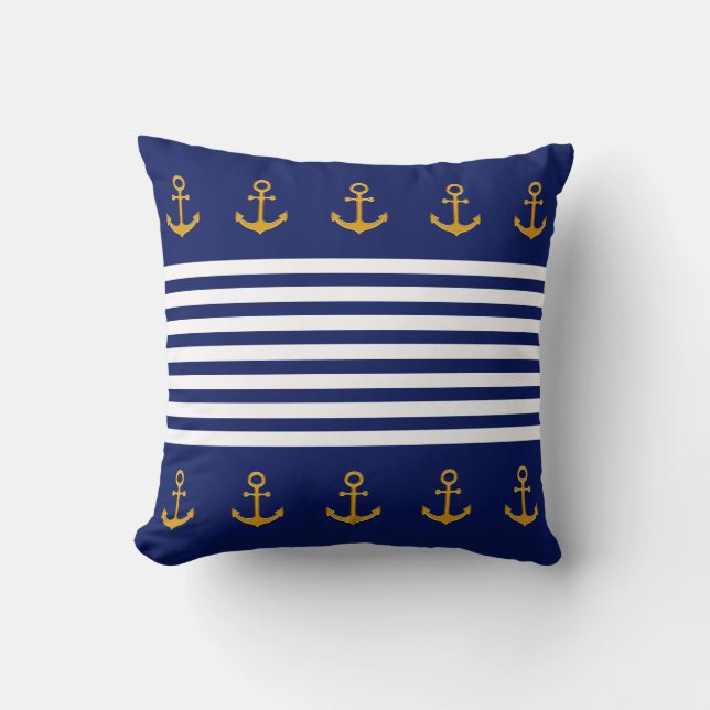 Golden Anchors, Blue & White Stripes op Navy Blue Kussen (Voorkant)
