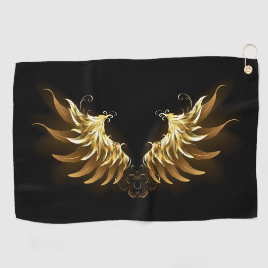 Golden Angel Wings op zwarte achtergrond Golfhanddoek (Horizontaal)